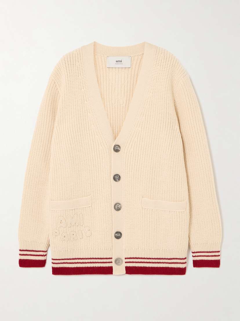 AMI PARIS Striped Ribbed Wool Cardigan