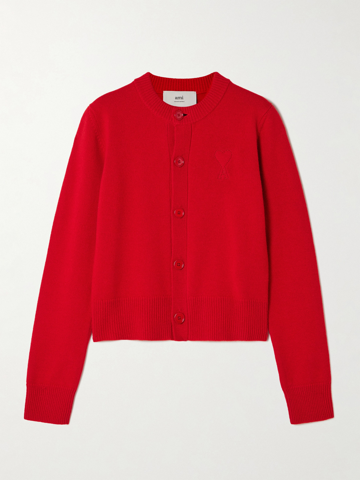 Ami Alexandre Mattiussi Adc Embroidered Wool And Cashmere-blend Cardigan In Red