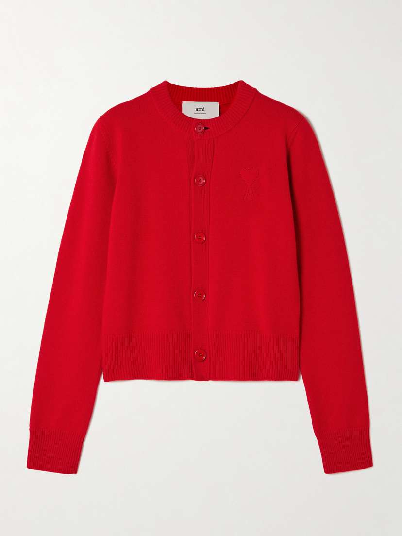 AMI PARIS Adc Embroidered Wool And Cashmere-blend Cardigan