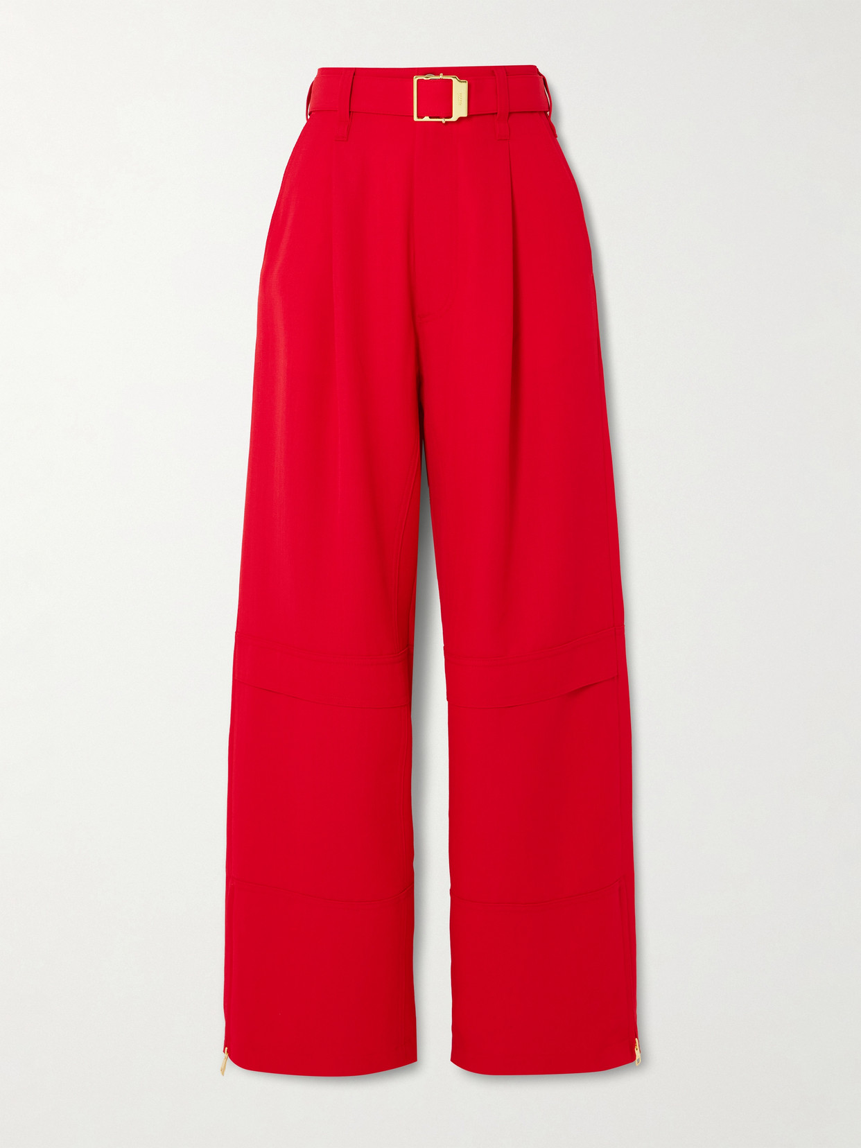 Ami Alexandre Mattiussi Belted Zip-detailed Wool-canvas Wide-leg Pants In Red