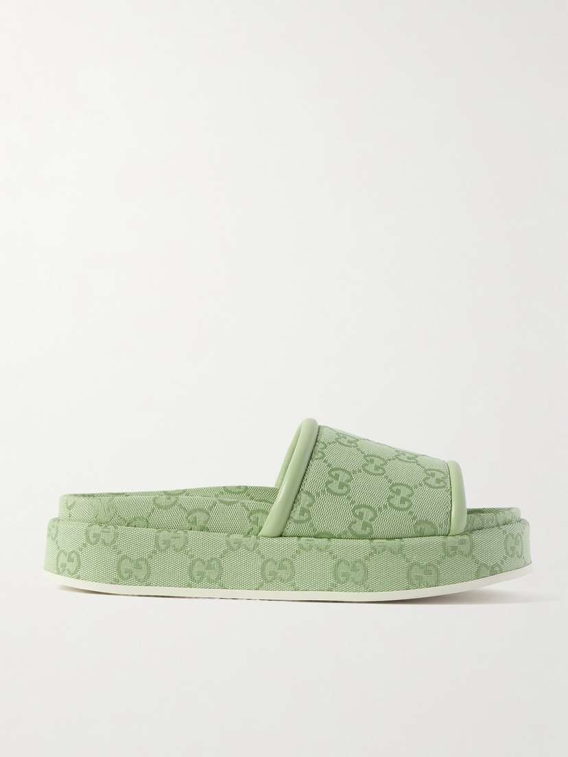 Gucci Clarice Leather-trimmed Logo-jacquard Canvas Platform Slides
