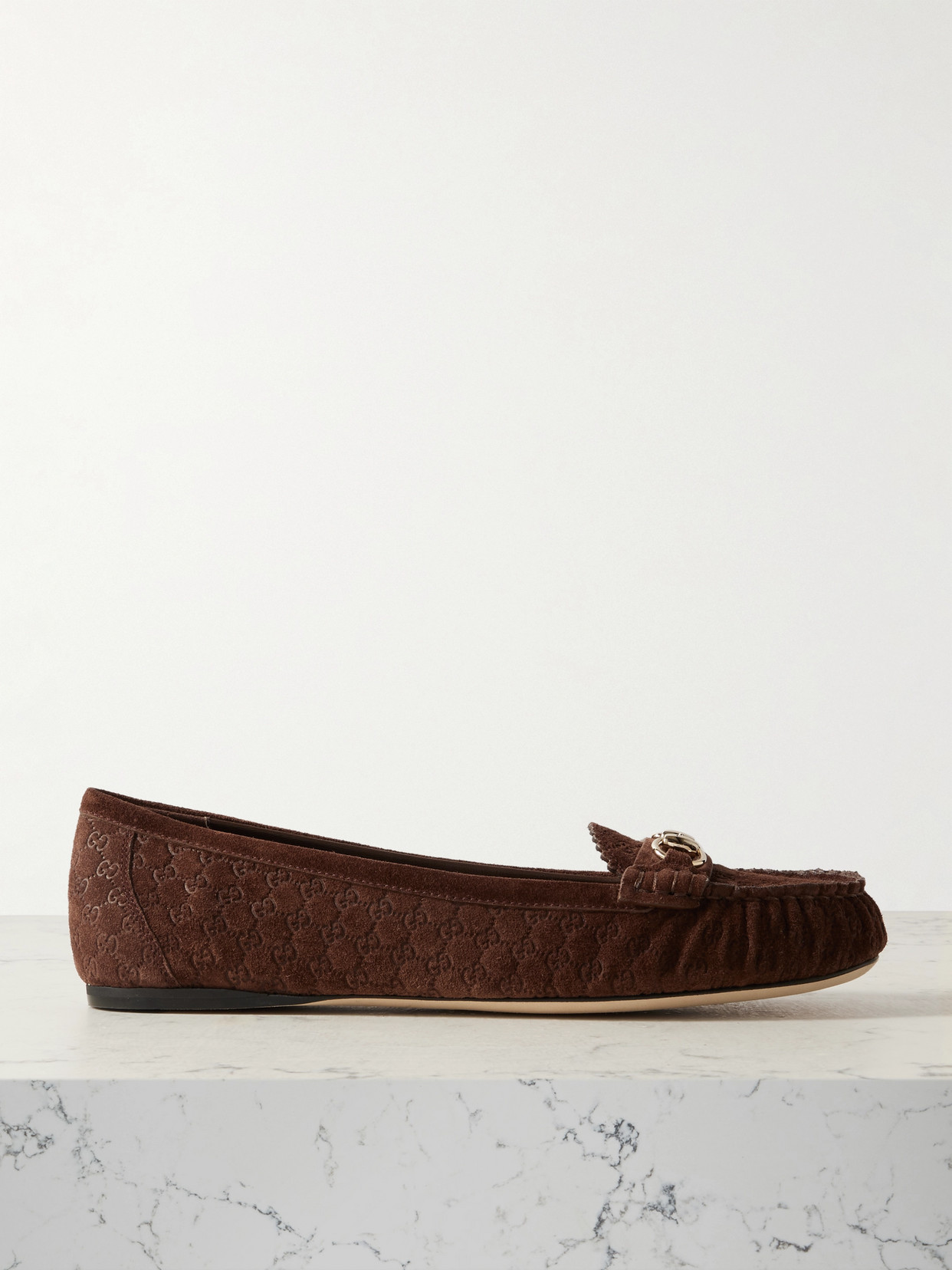 Gucci Kensington Horsebit-detailed Debossed Suede Loafers In Brown