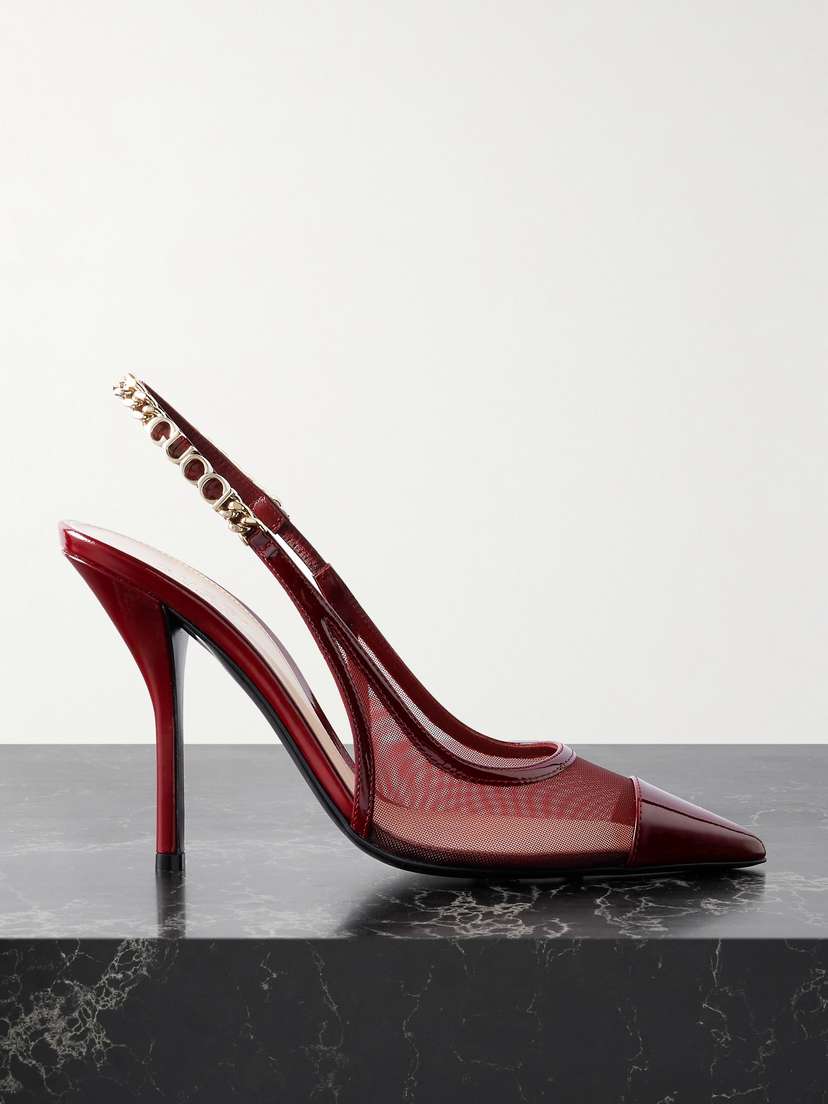 Gucci Signoria Embellished Patent Leather-trimmed Mesh Slingback Pumps