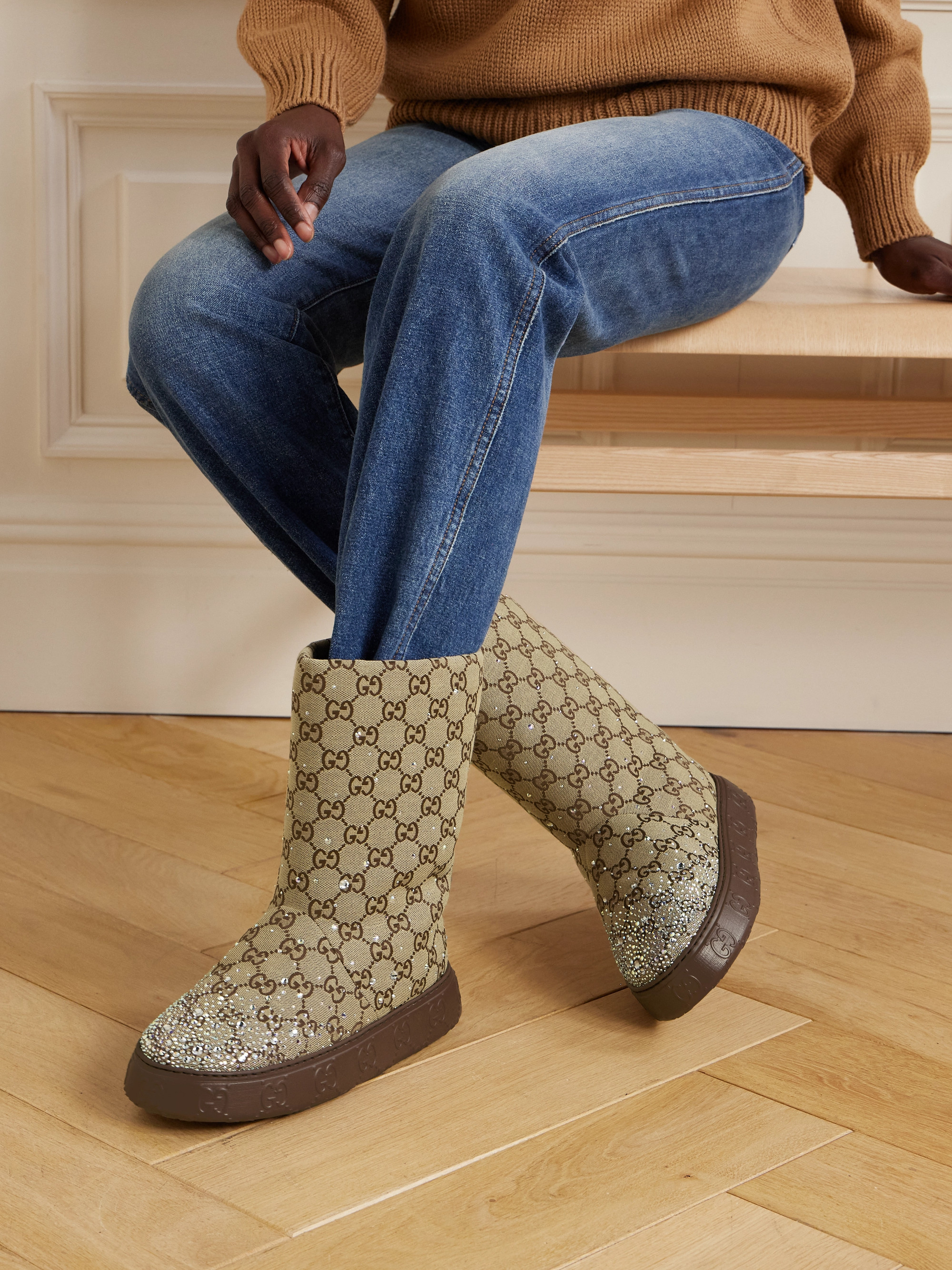 Gucci Crystal-embellished canvas-jacquard boots thumbnail