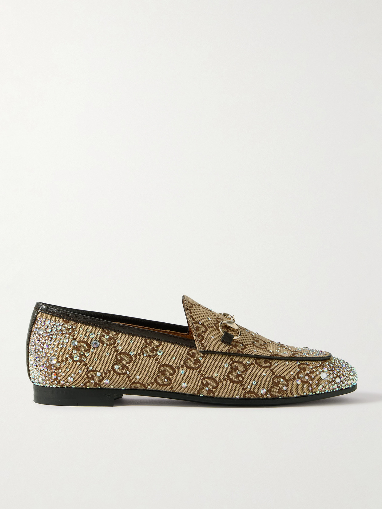 Gucci Jordaan Horsebit-detailed Leather-trimmed Crystal-embellished Canvas-jacquard Loafers In Neutrals