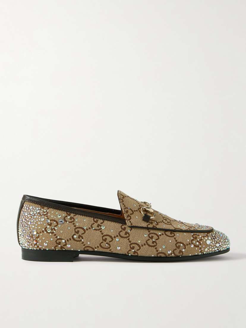 Gucci Jordaan Horsebit-detailed Leather-trimmed Crystal-embellished Canvas-jacquard Loafers