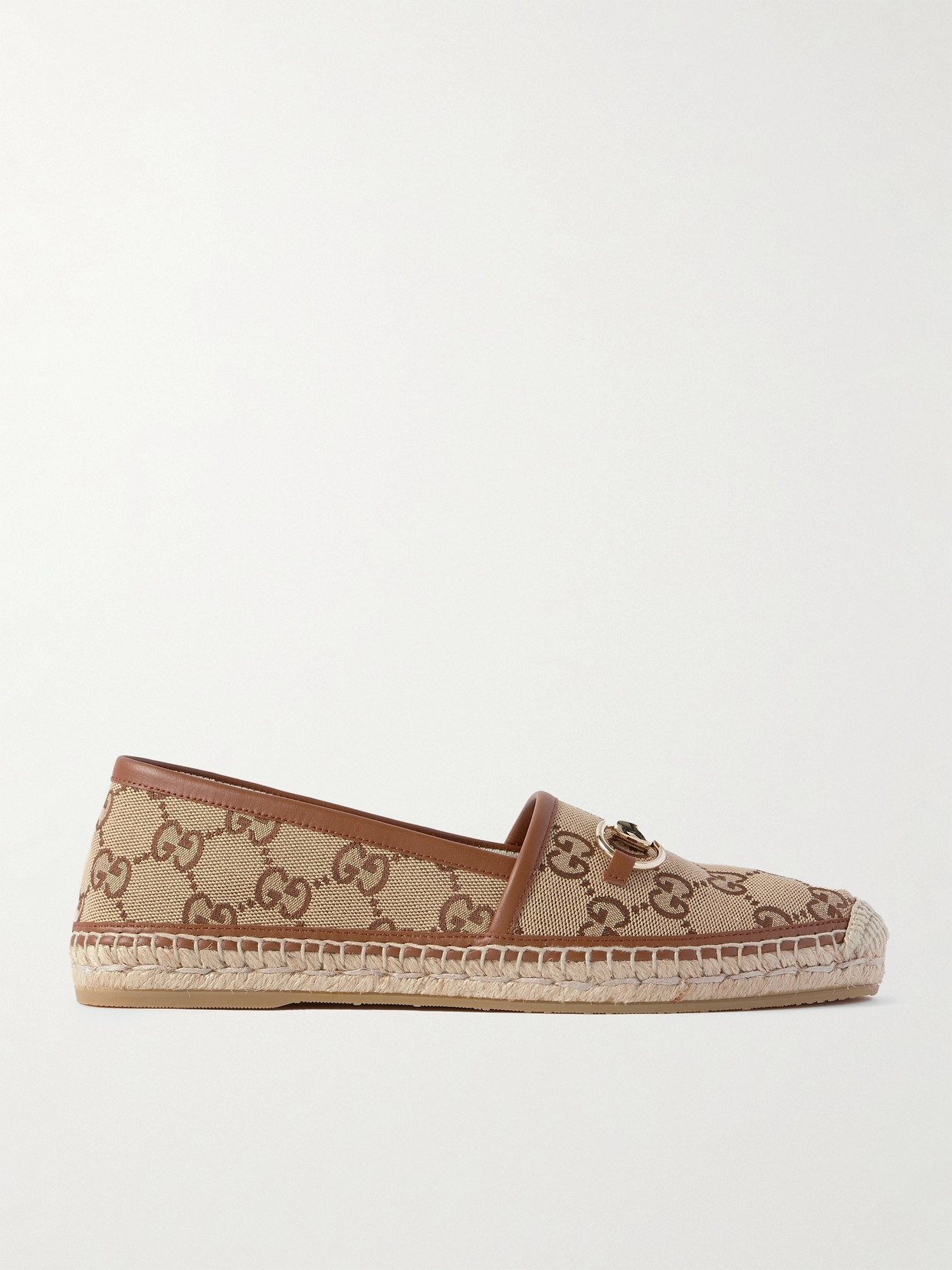 Gucci Pilar Horsebit-embellished Leather-trimmed Logo-jacquard Canvas Espadrilles In Brown