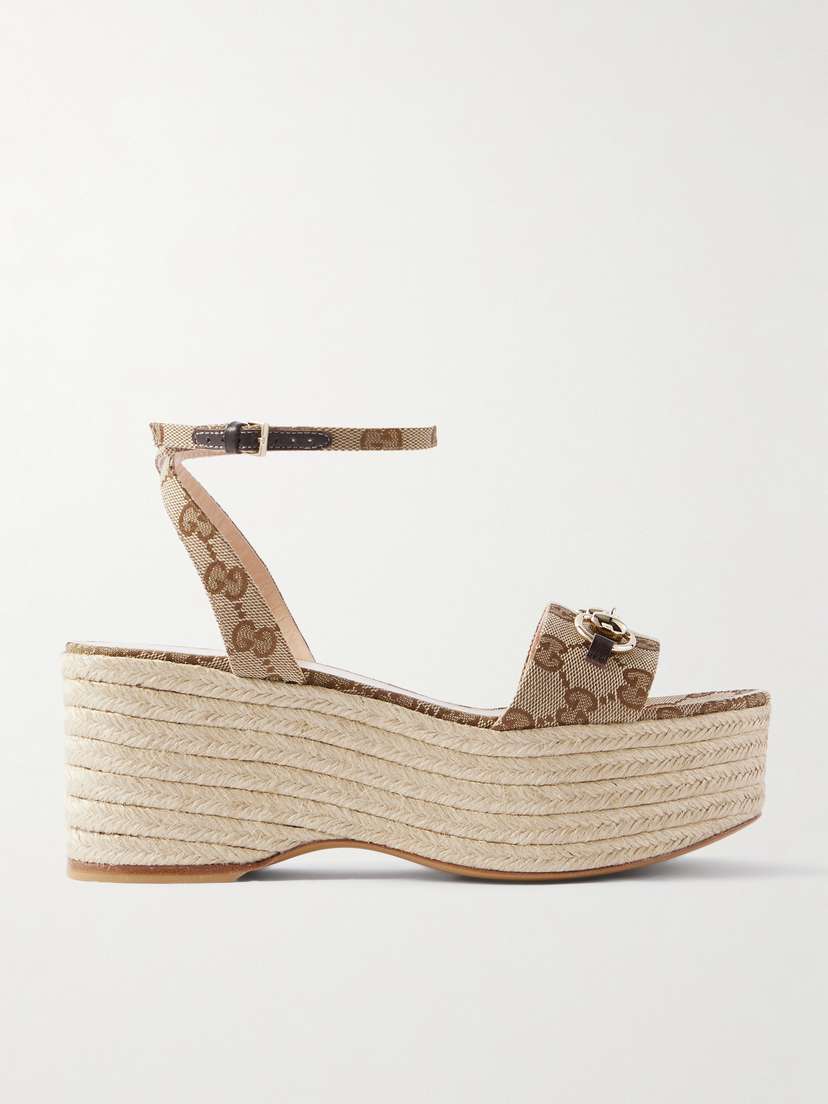 Gucci Lady Horsebit Leather-trimmed Logo-jacquard Canvas Wedge Sandals