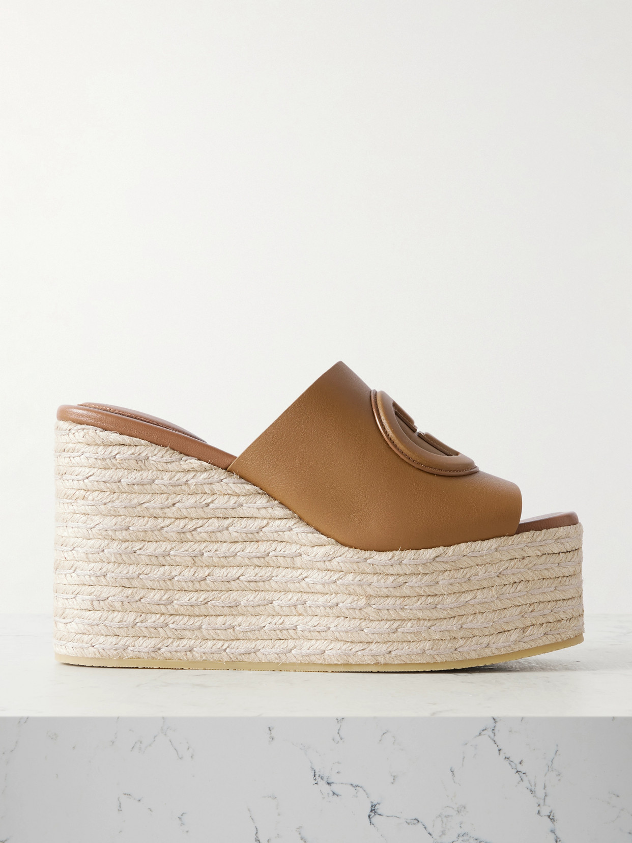 Gucci Leather Wedge Mules In Brown