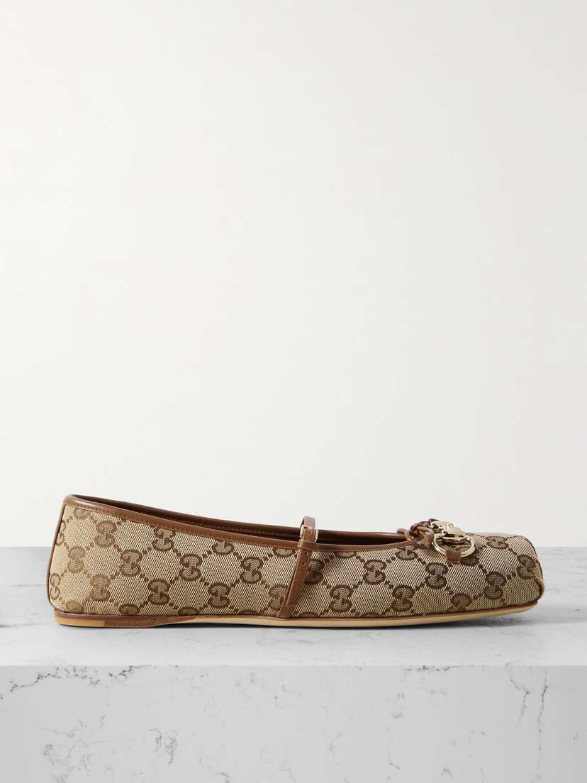 Gucci Horsebit-detailed Leather-trimmed Canvas-jacquard Ballet Flat