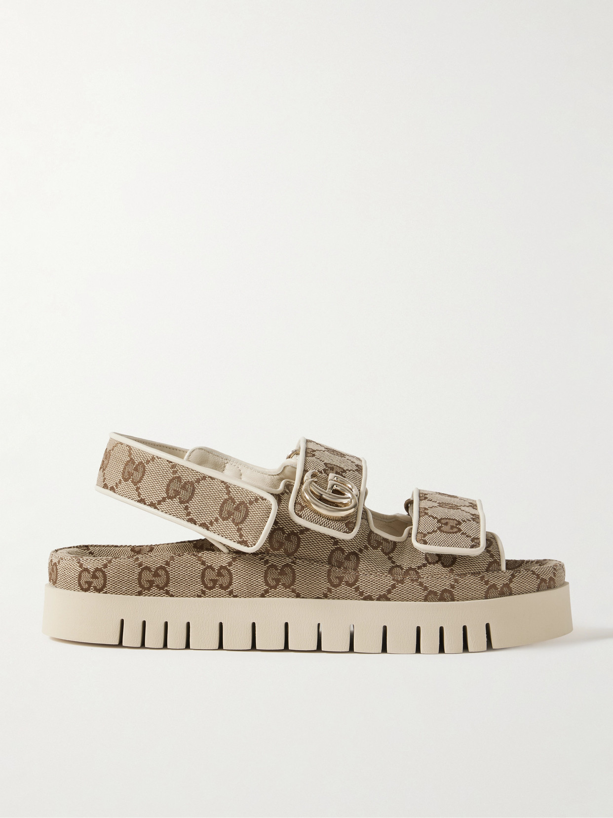 Gucci New Marmont Leather-trimmed Embellished Canvas-jacquard Platform Sandals In Neutrals