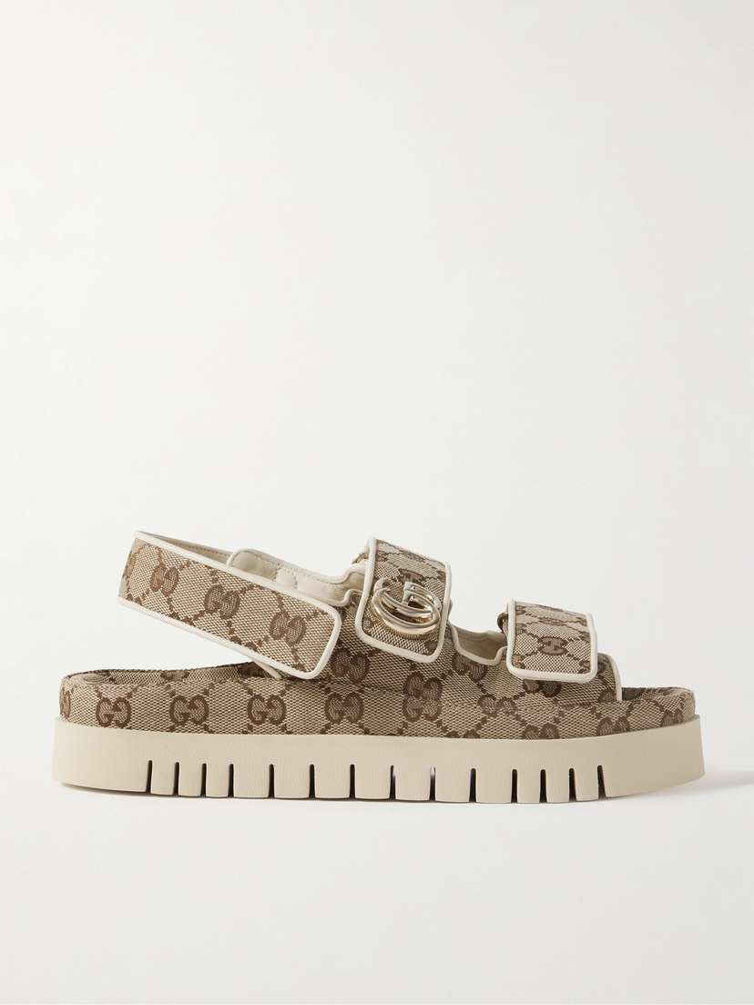 Gucci New Marmont Leather-trimmed Embellished Canvas-jacquard Platform Sandals