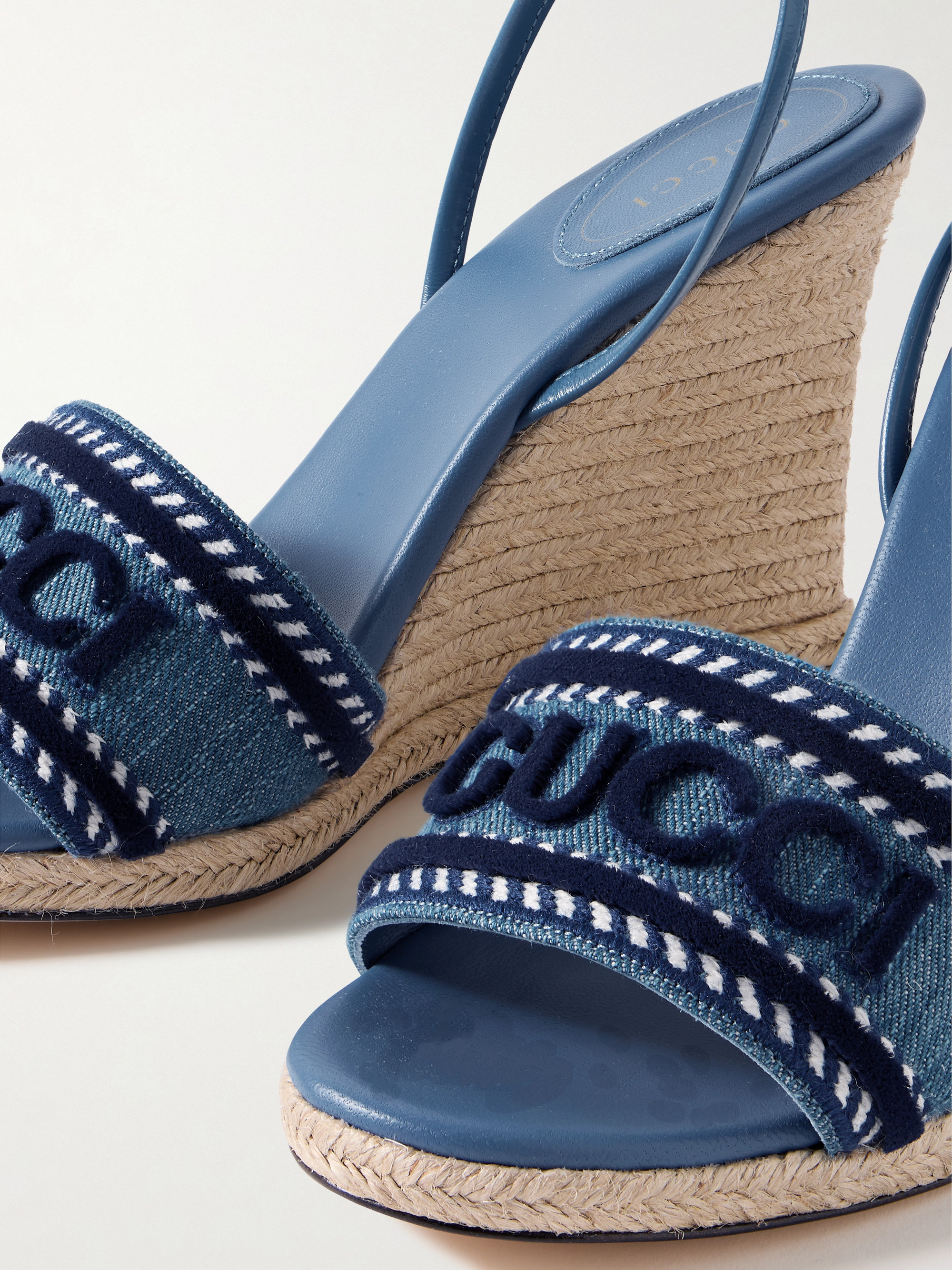 Gucci Ines appliquéd denim and leather espadrille wedge sandals thumbnail