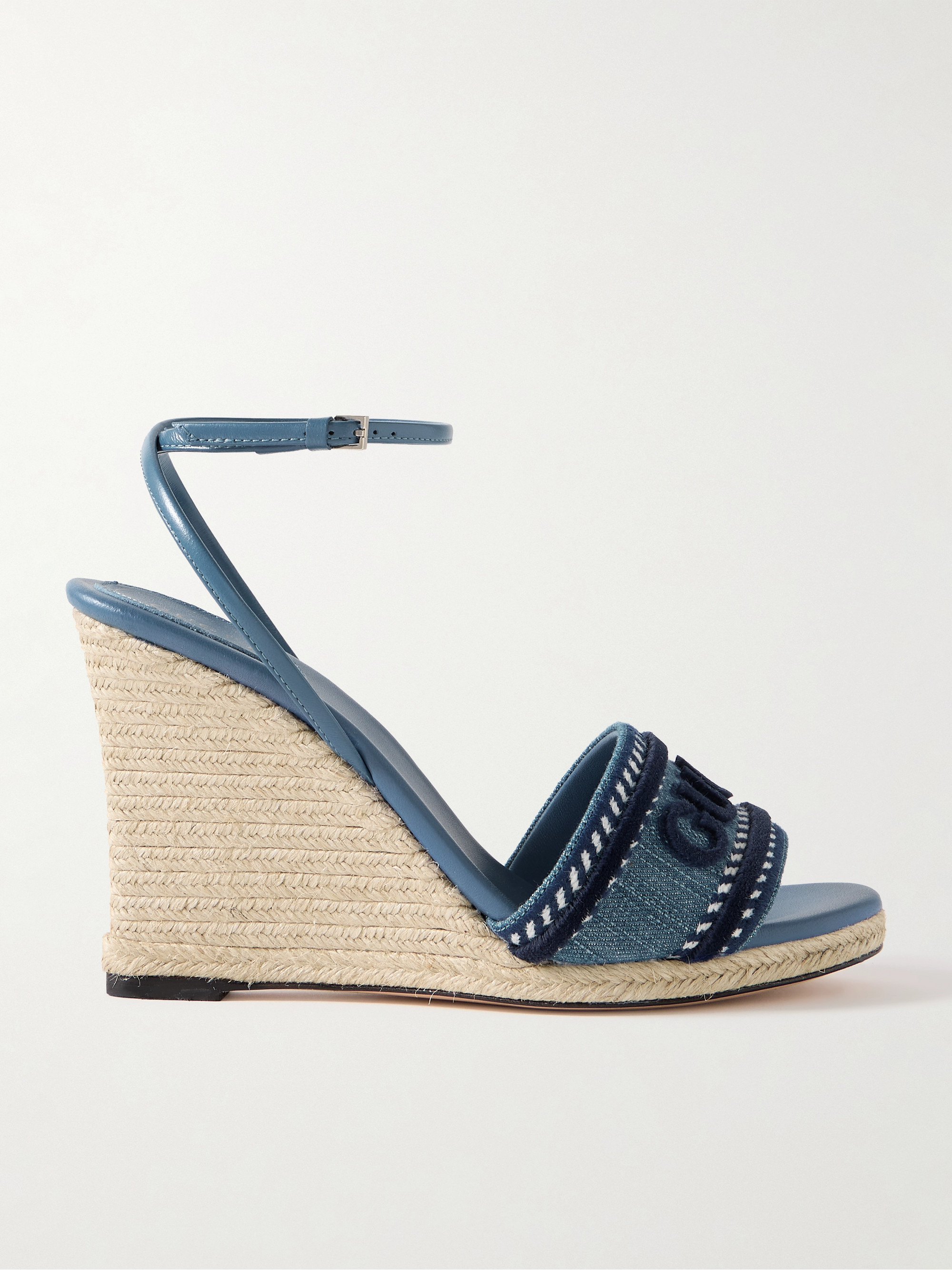 Gucci Ines appliquéd denim and leather espadrille wedge sandals