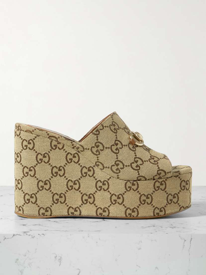 Gucci Carmen Horsebit-embellished Canvas-jacquard Wedge Mules