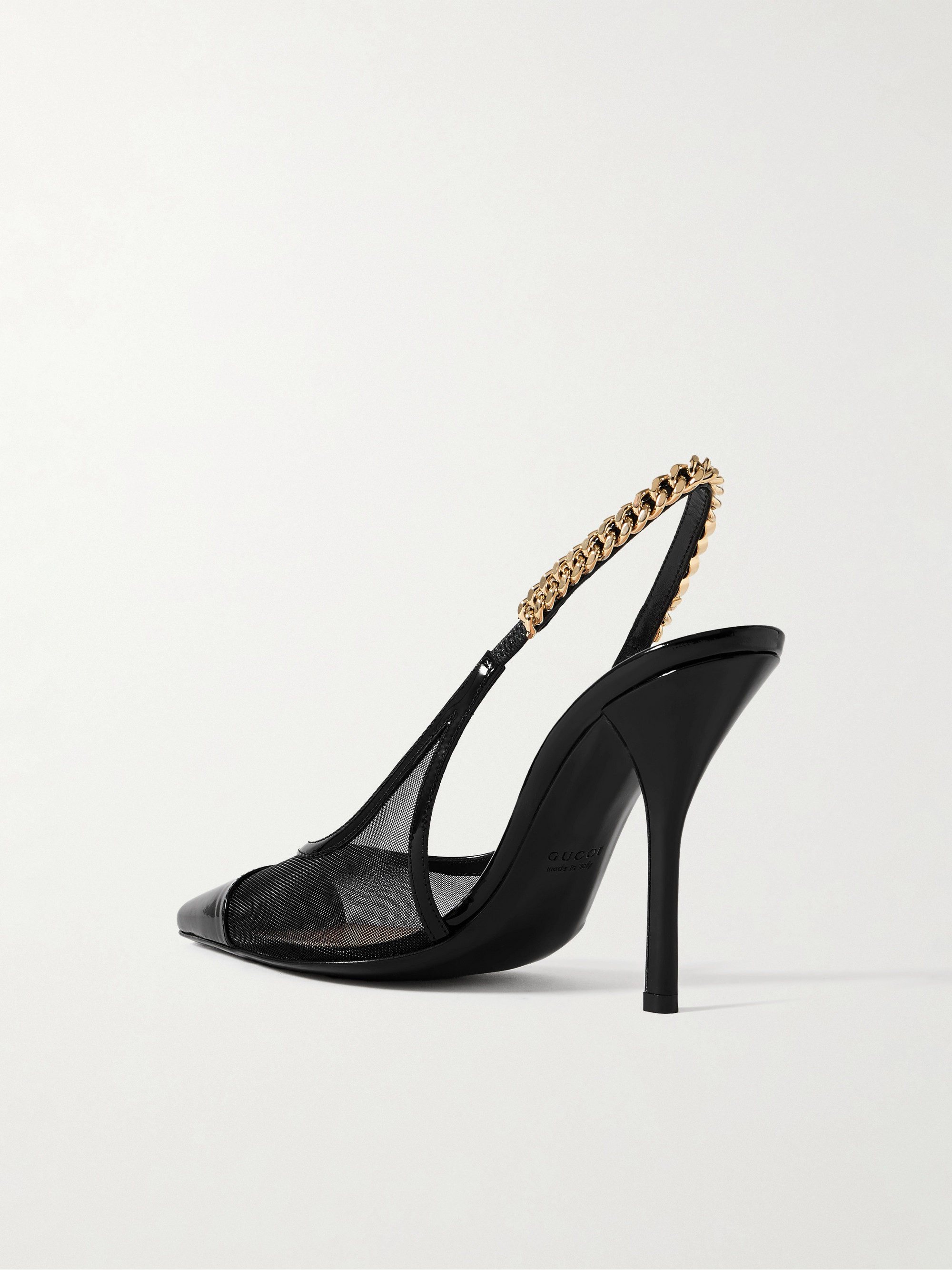 Gucci Signoria embellished patent leather-trimmed mesh slingback pumps