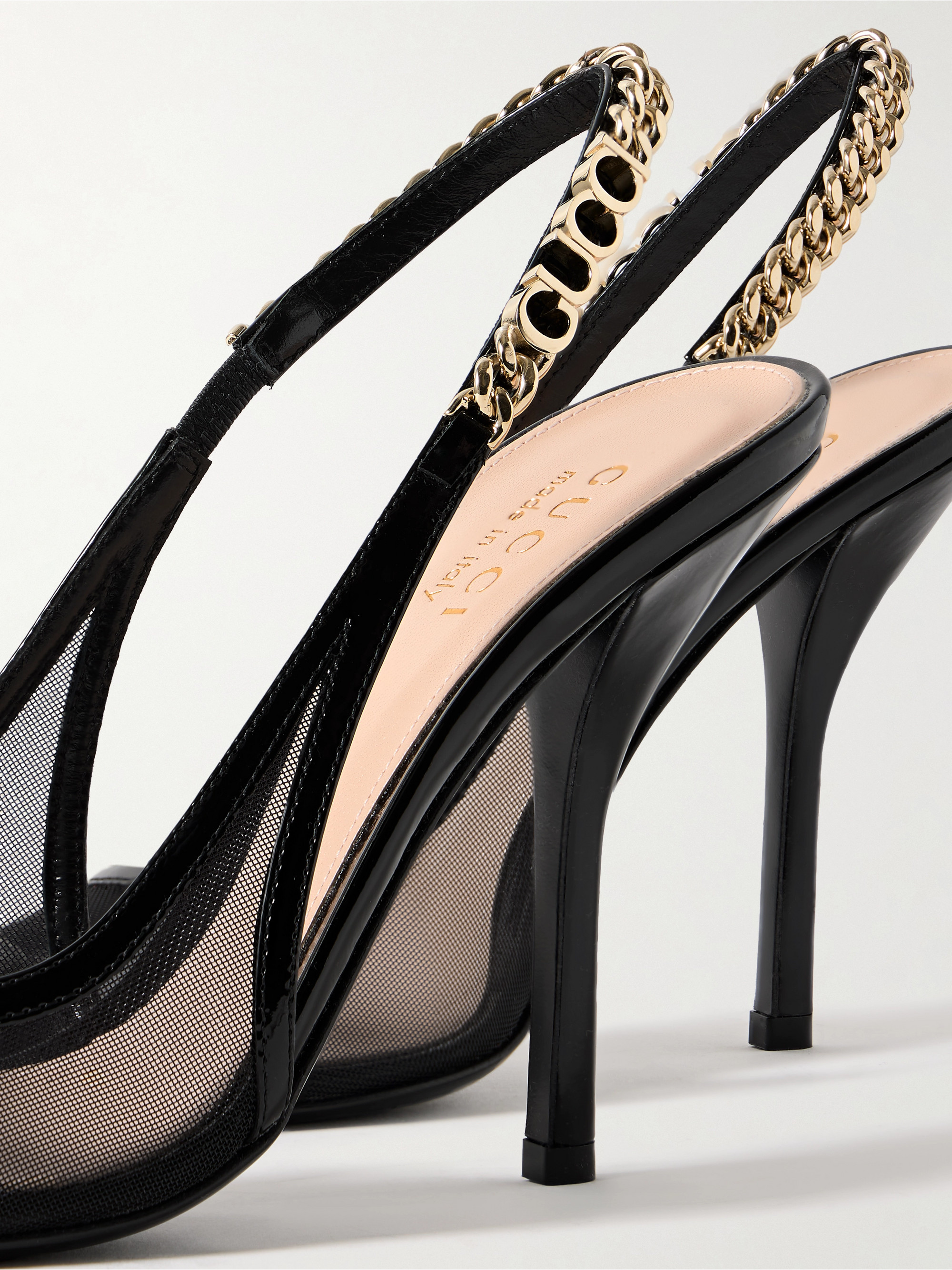 Gucci Signoria embellished patent leather-trimmed mesh slingback pumps