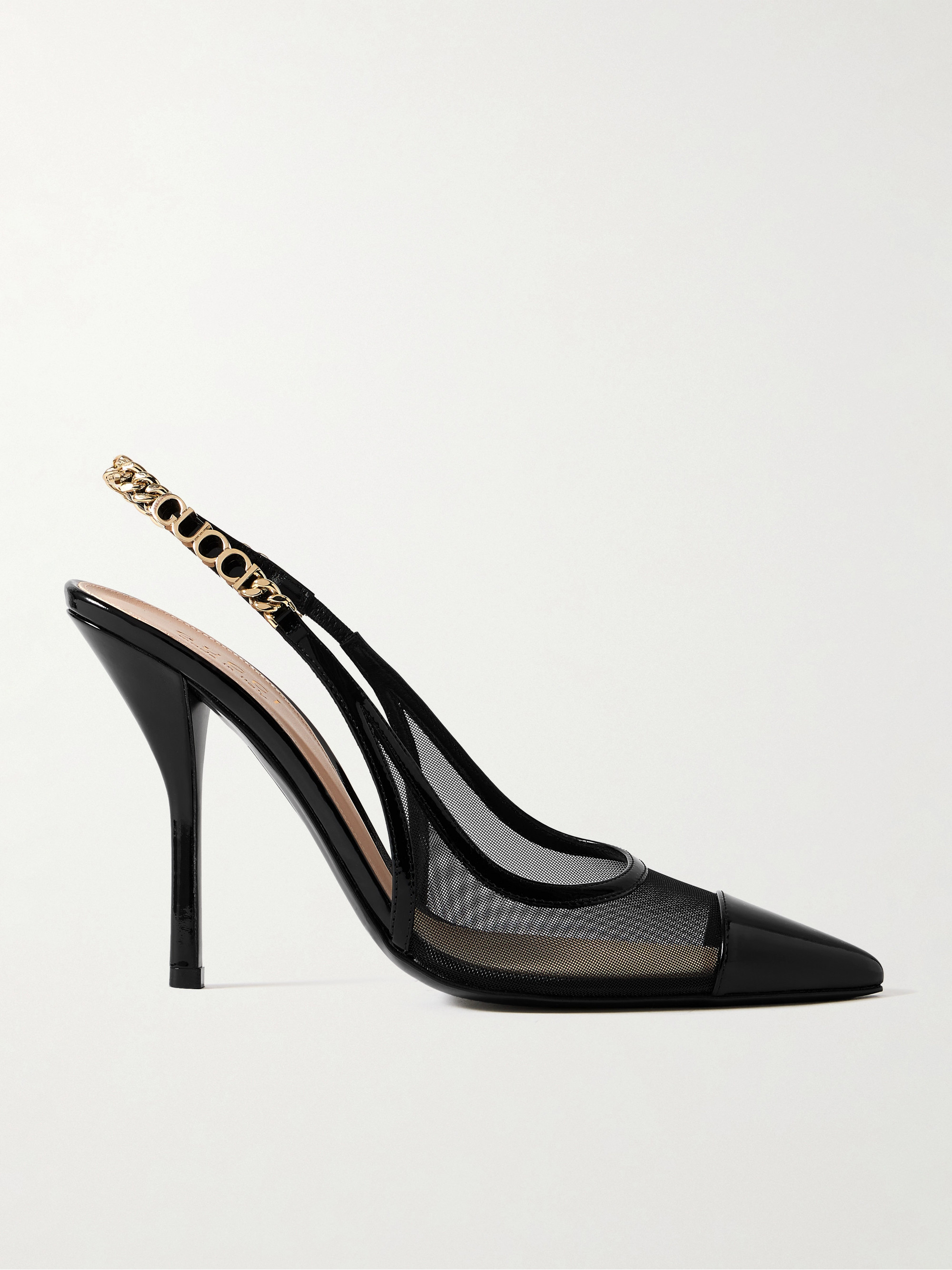 Gucci Signoria embellished patent leather-trimmed mesh slingback pumps