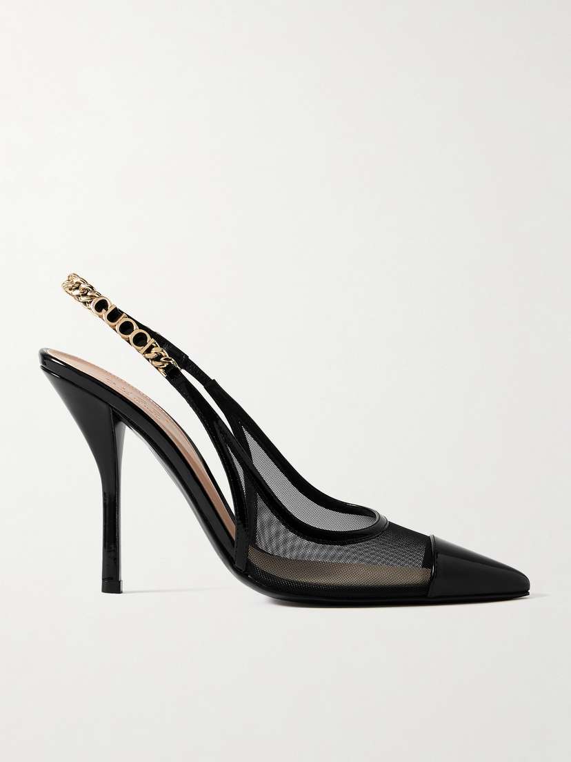 Gucci Signoria Embellished Patent Leather-trimmed Mesh Slingback Pumps