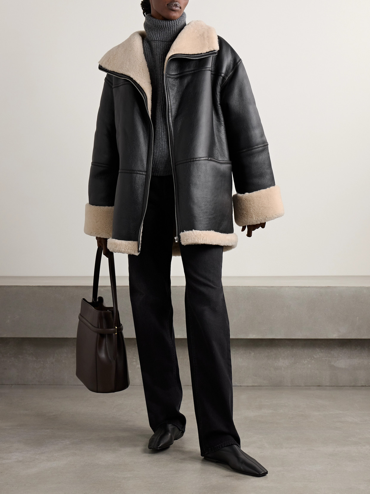 Shop Totême Two-tone Shearling Jacket In Black