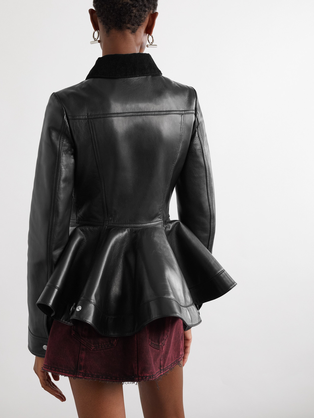 Alexander Mcqueen Corduroy-trimmed Leather Peplum Jacket In Black