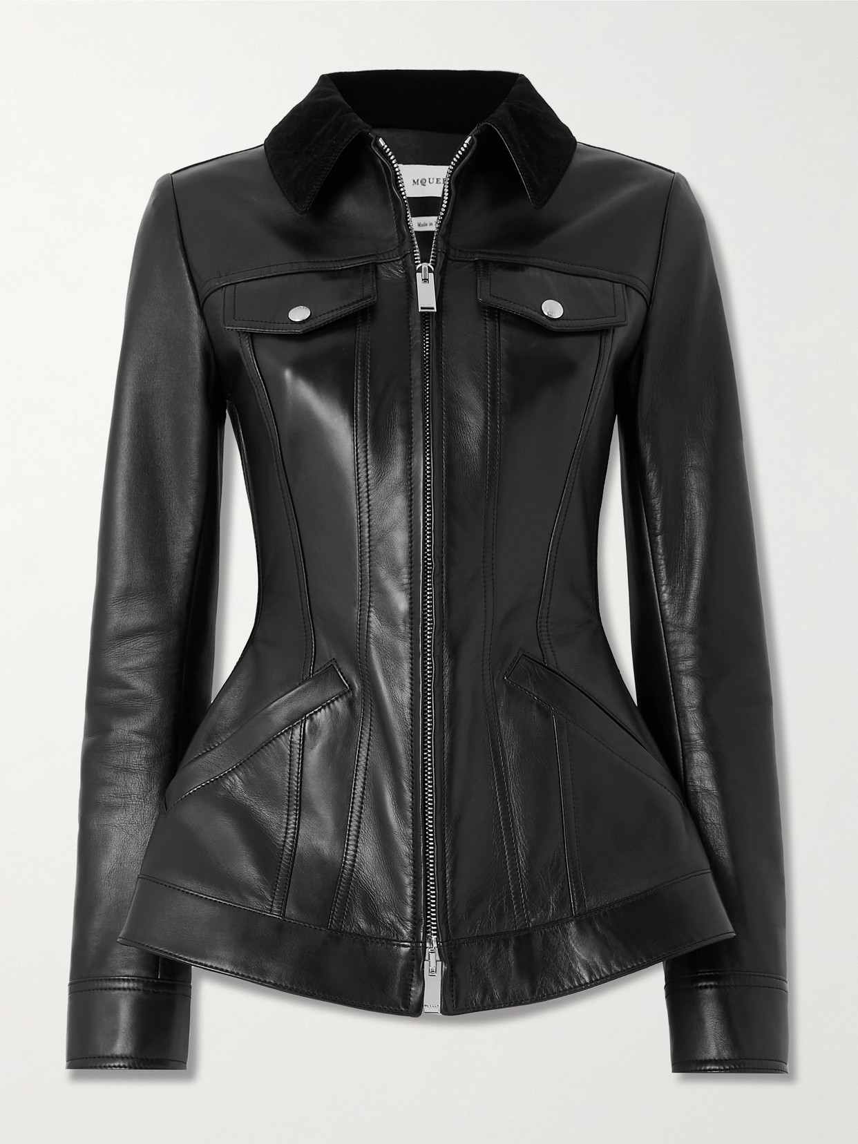 Alexander McQueen - Corduroy-trimmed Leather Peplum Jacket - Black
