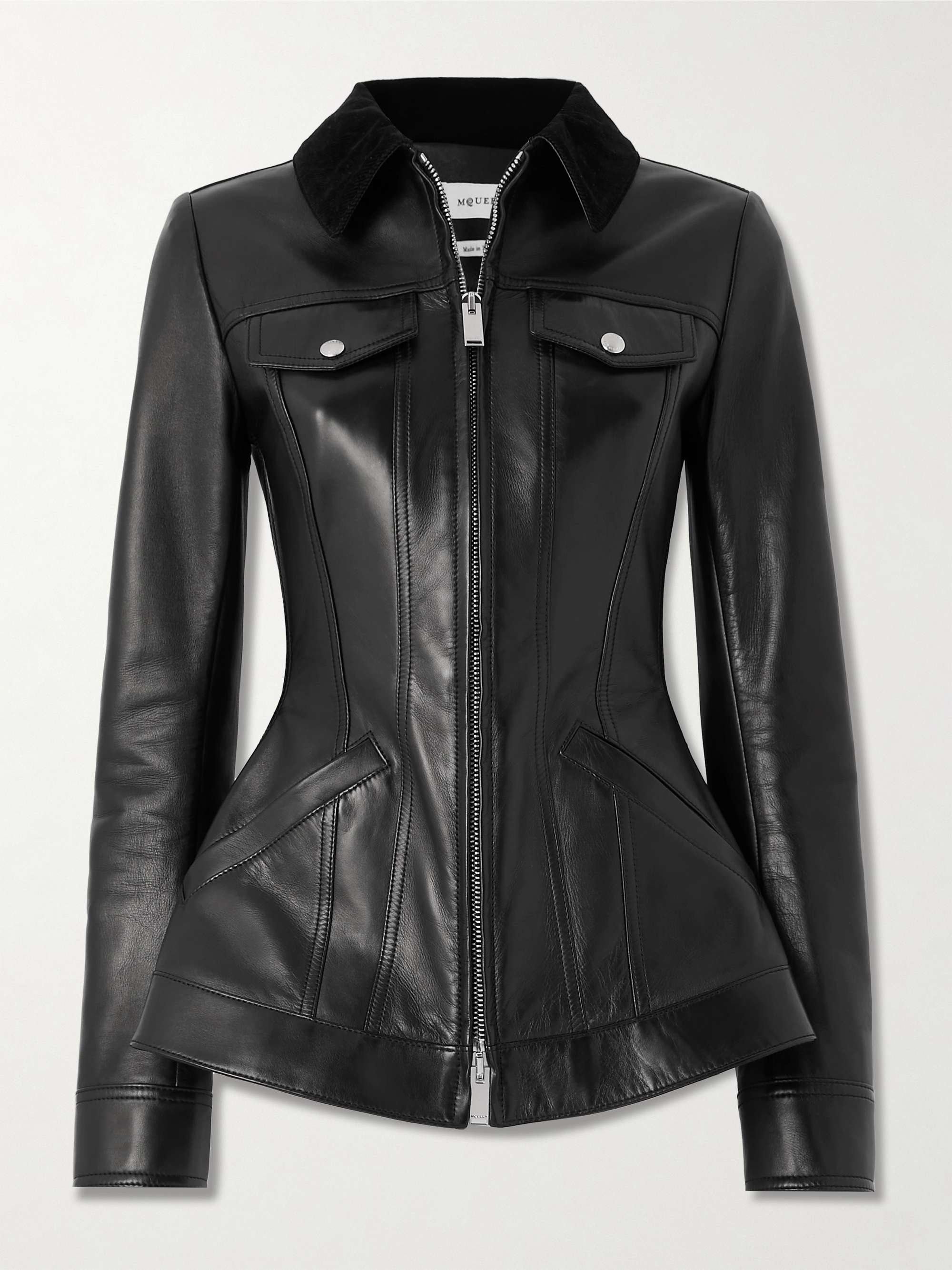 Giacca in pelle con finiture in velluto a coste e baschina ALEXANDER MCQUEEN da donna NET A PORTER