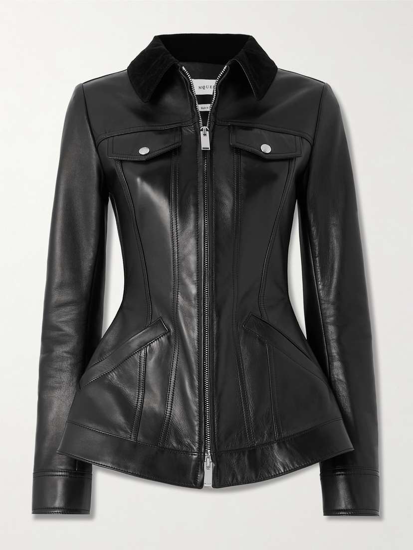 McQueen Corduroy-trimmed Leather Peplum Jacket