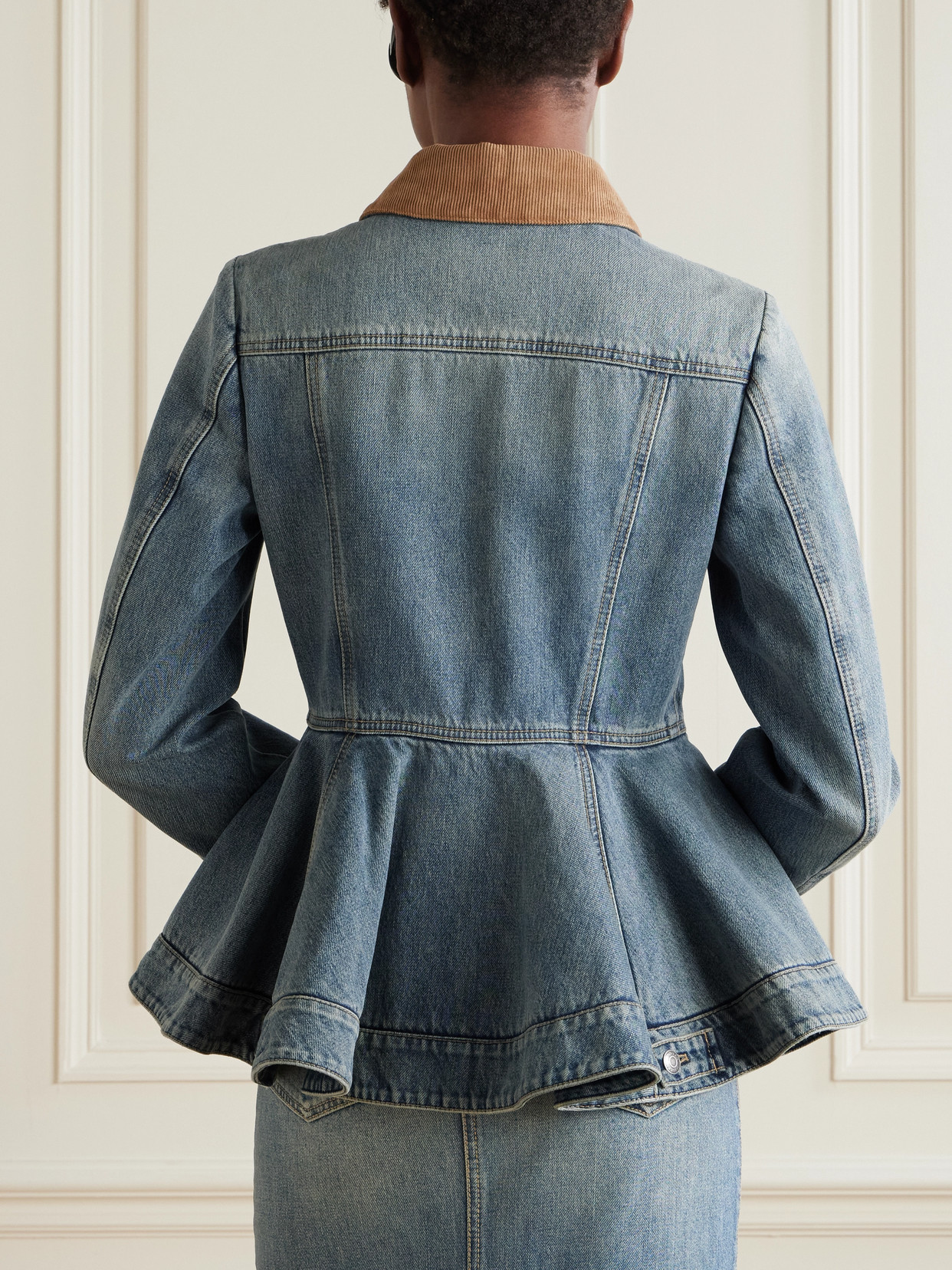 ALEXANDER MCQUEEN CORDUROY-TRIMMED DENIM PEPLUM JACKET