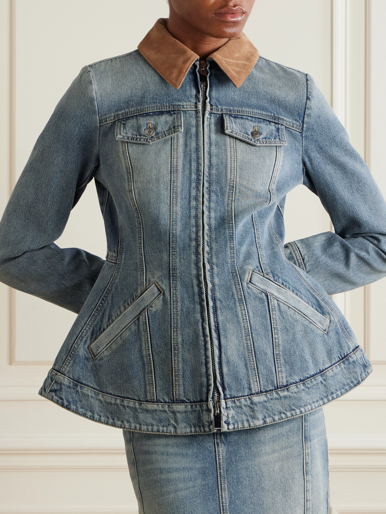 ALEXANDER MCQUEEN CORDUROY-TRIMMED DENIM PEPLUM JACKET
