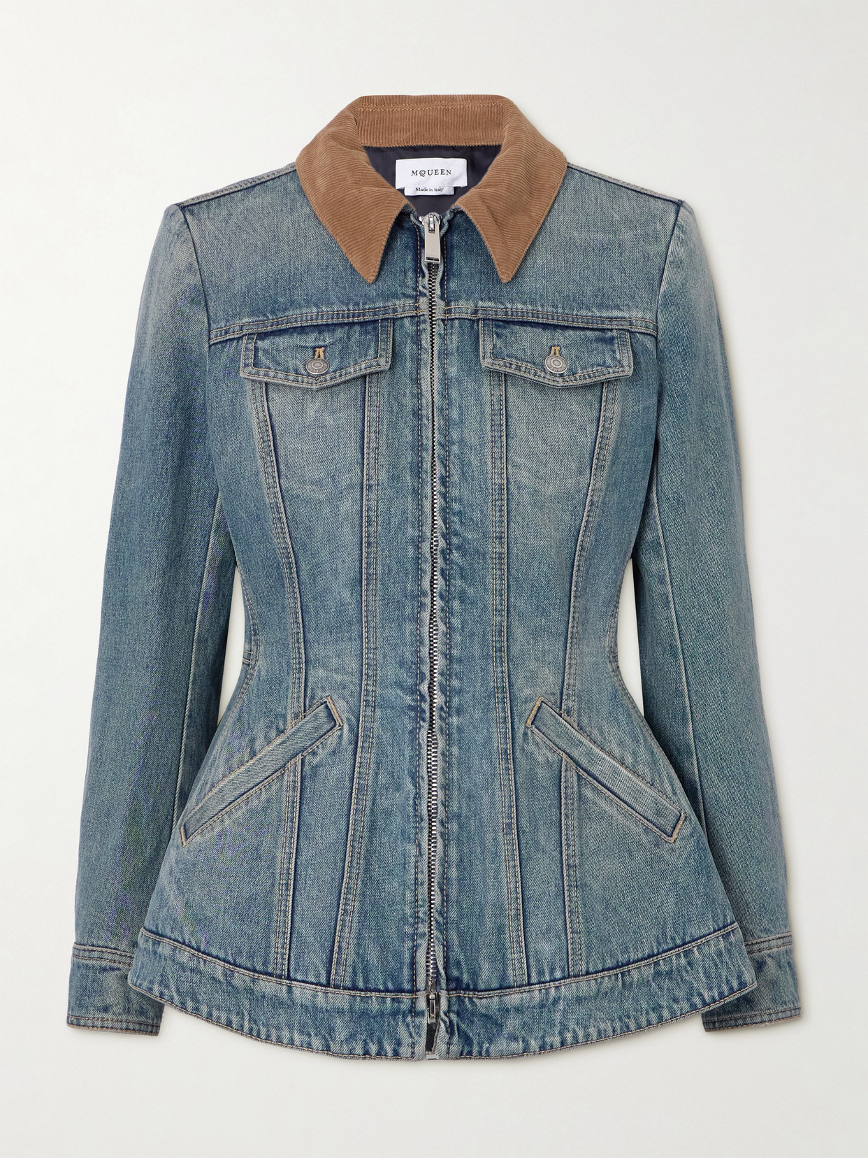ALEXANDER MCQUEEN CORDUROY-TRIMMED DENIM PEPLUM JACKET