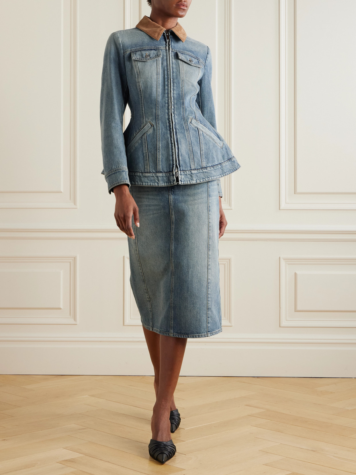 ALEXANDER MCQUEEN CORDUROY-TRIMMED DENIM PEPLUM JACKET