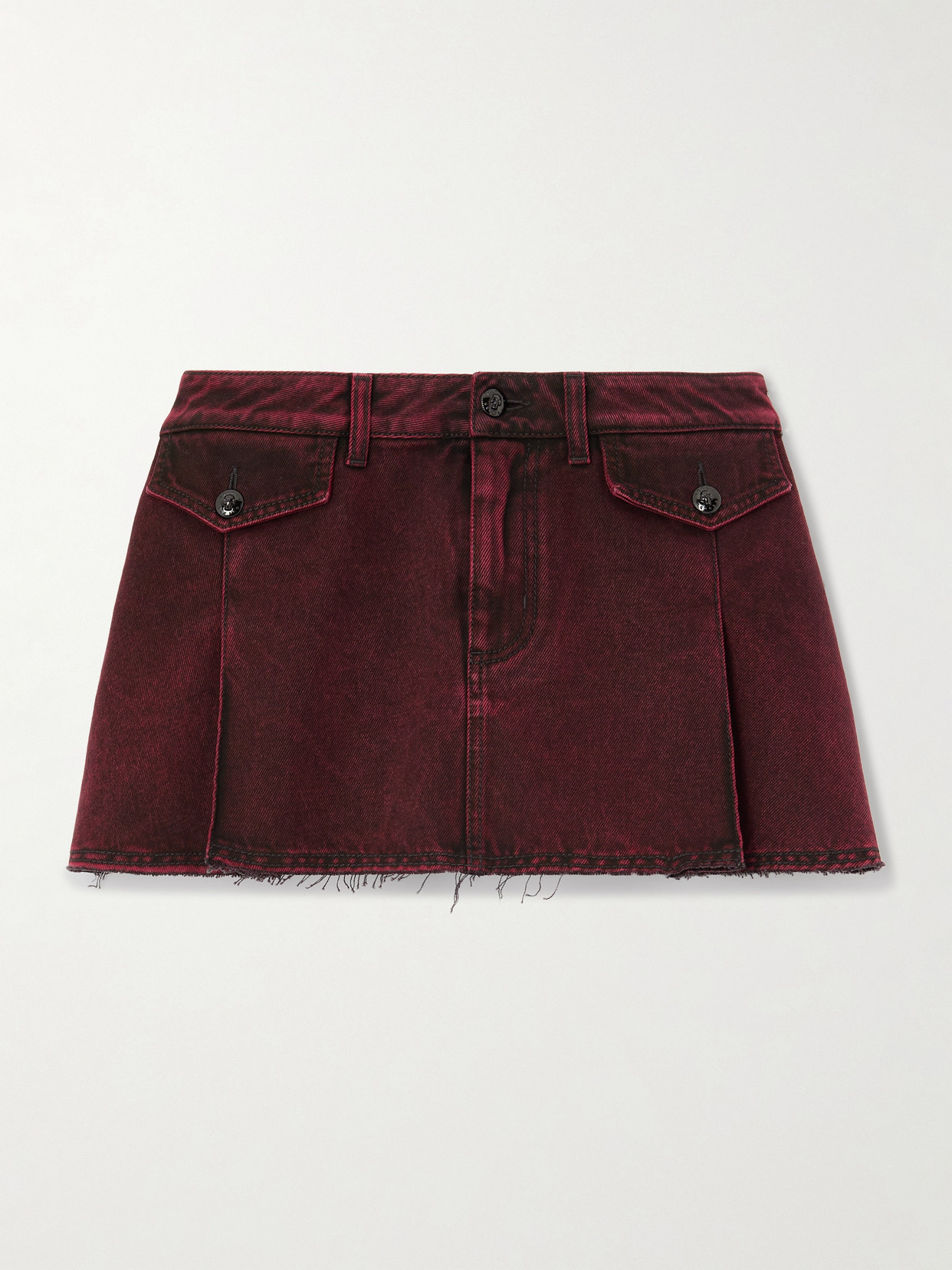 Alexander Mcqueen Pleated Frayed Denim Mini Skirt In Burgundy