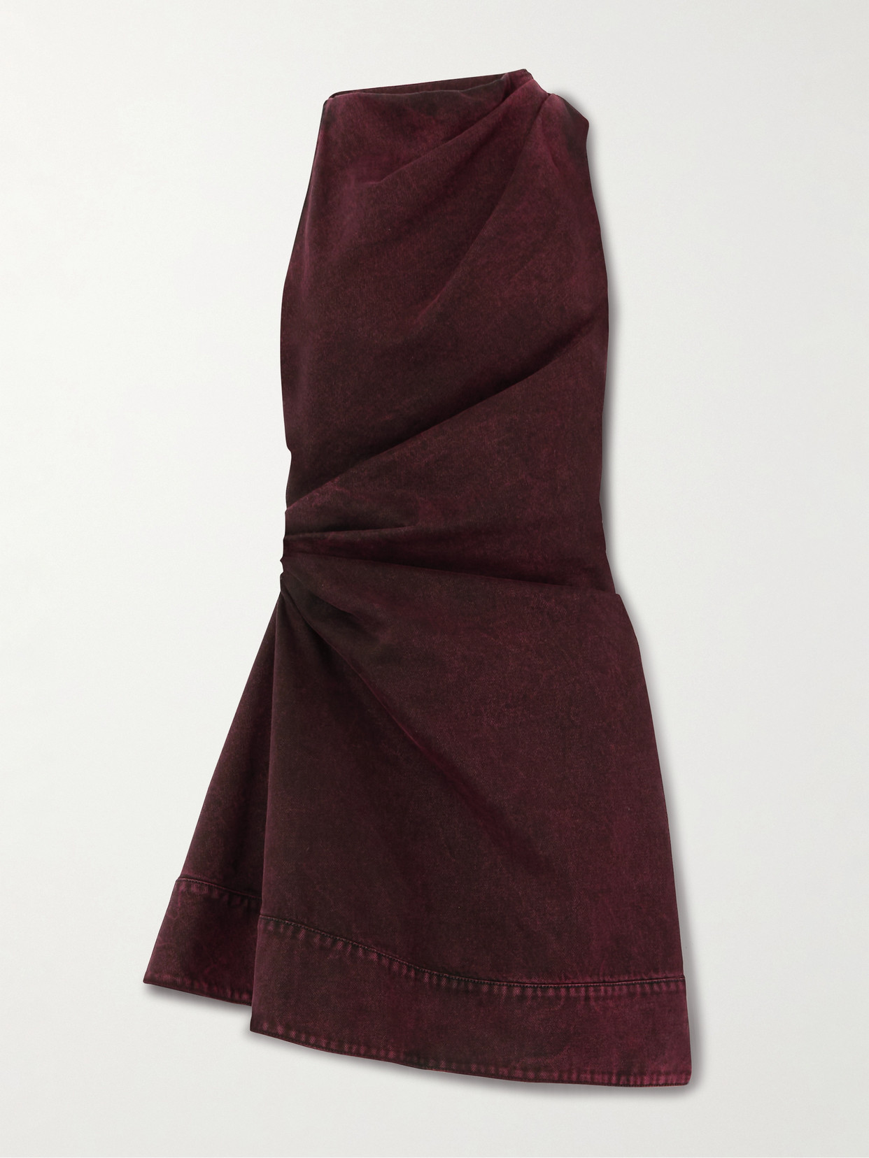 Alexander Mcqueen Gathered Asymmetric Denim Mini Dress In Burgundy