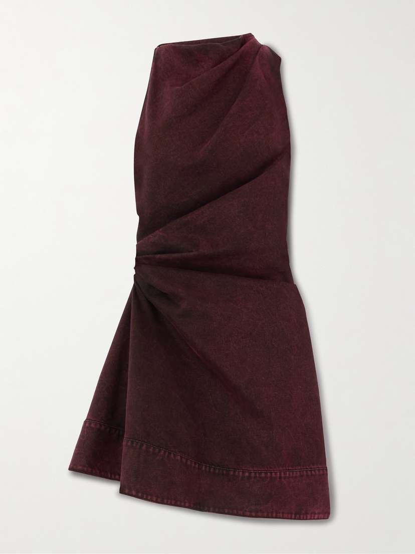 McQueen Gathered Asymmetric Denim Mini Dress