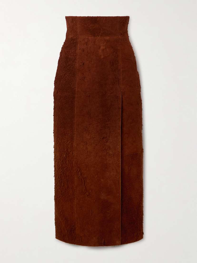 McQueen Distressed Suede Midi Skirt