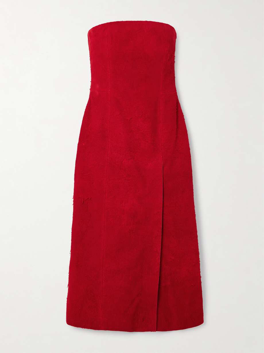 strapless suede midi dress