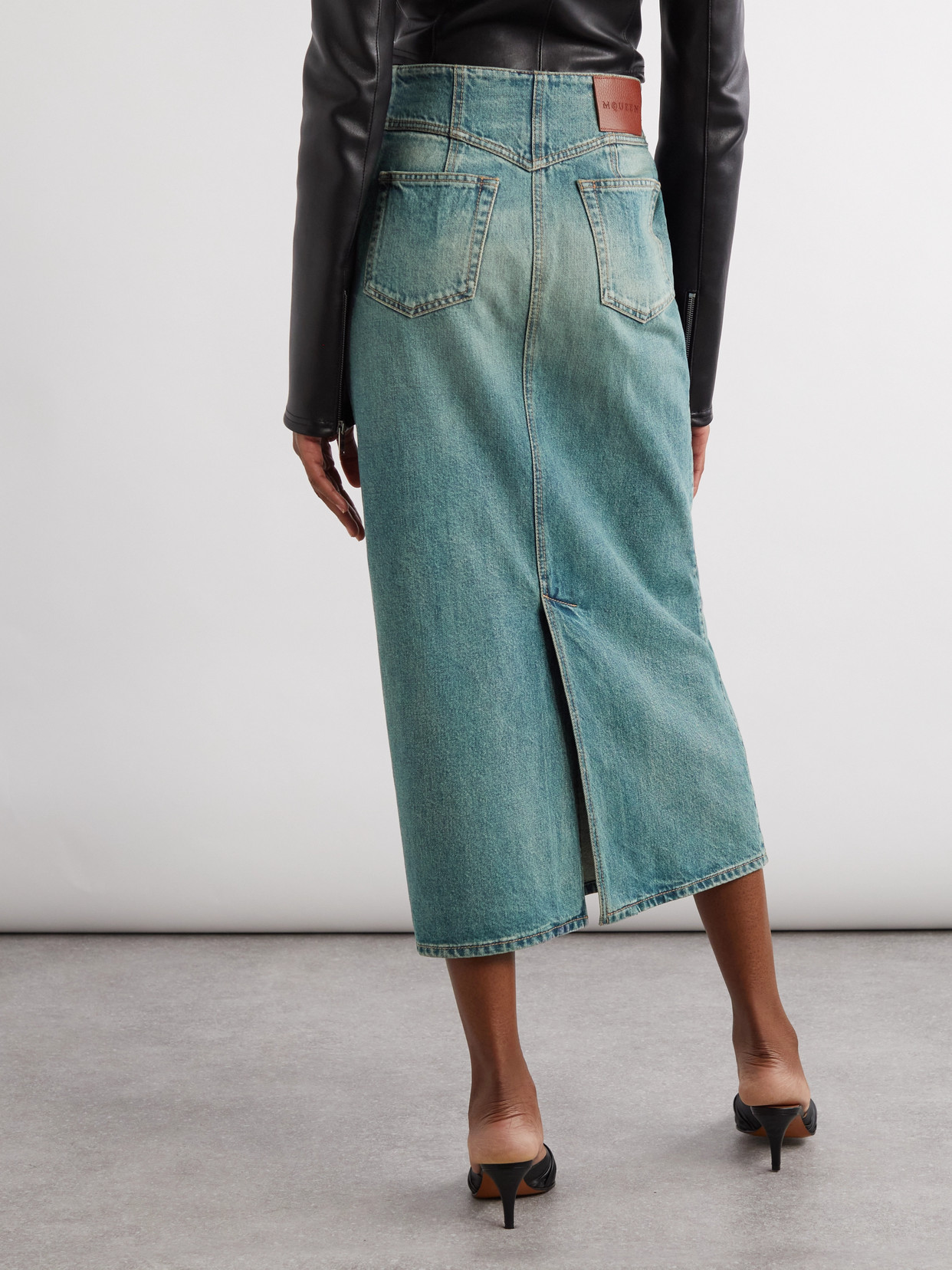 Shop Alexander Mcqueen Paneled Denim Midi Skirt In Blue