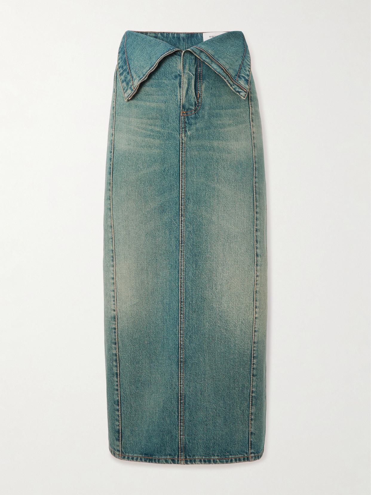 Shop Alexander Mcqueen Paneled Denim Midi Skirt In Blue