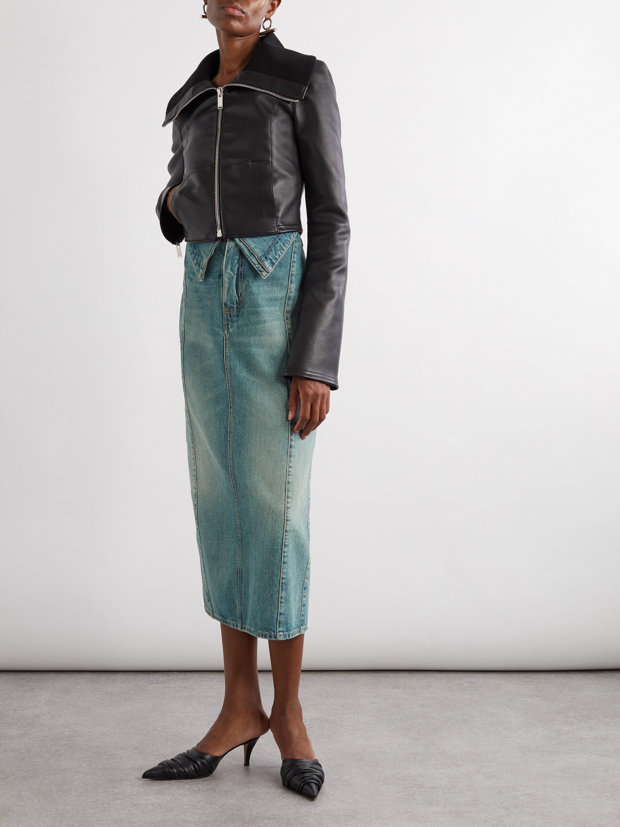 Shop Alexander Mcqueen Paneled Denim Midi Skirt In Blue
