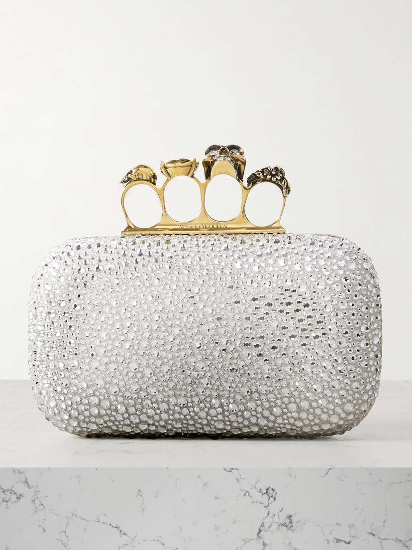 McQueen Skull Knuckle Embellished Suede Clutch