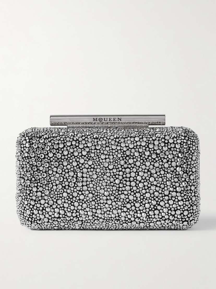 McQueen T-bar Crystal-embellished Suede Clutch