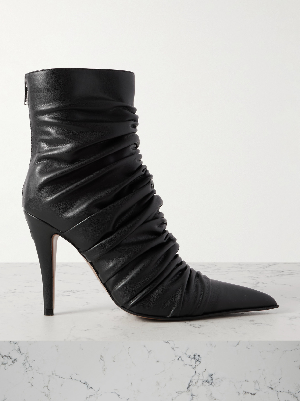 Alexander Mcqueen Ruched Leather Point-toe Boots In Black