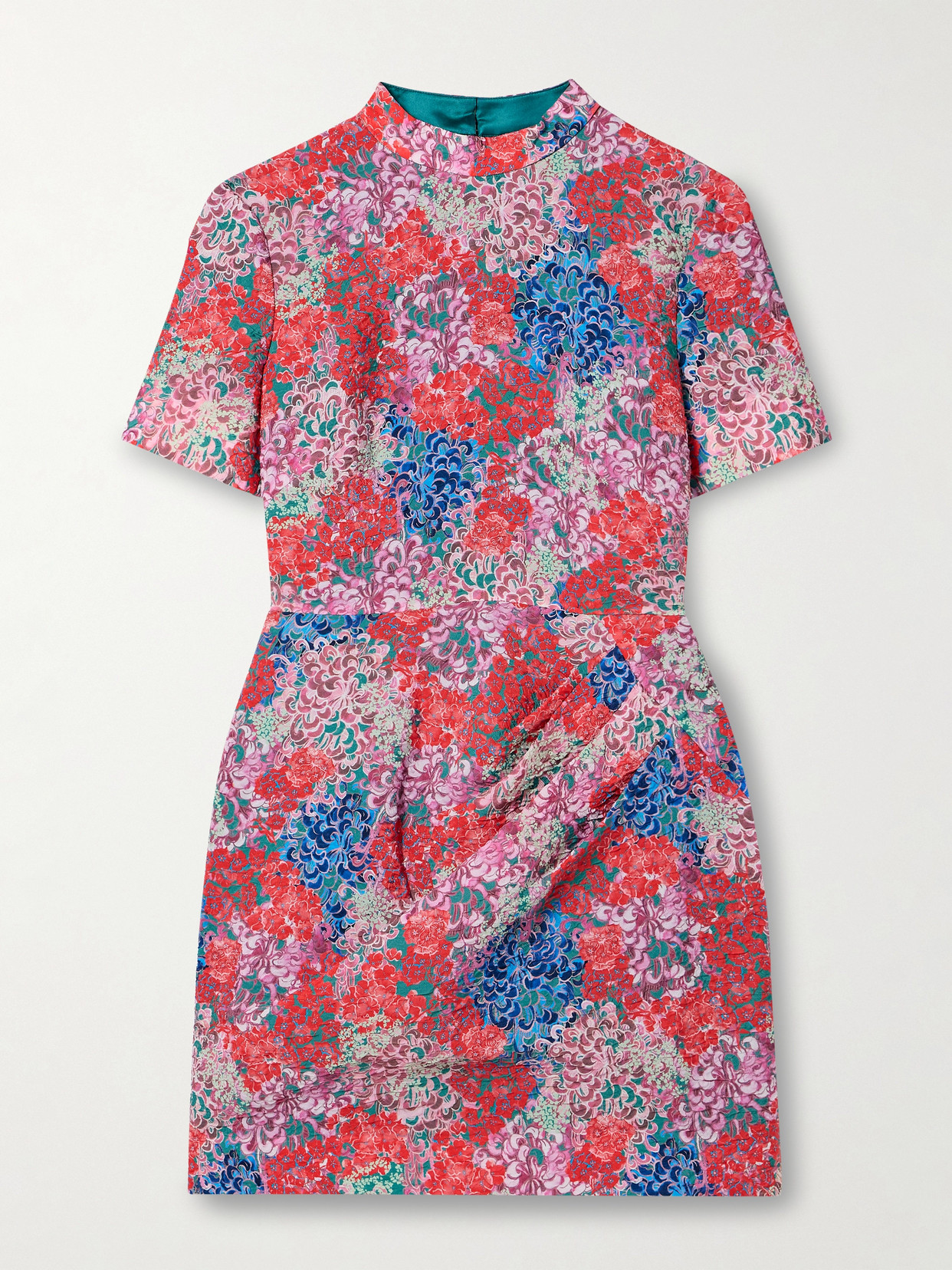Saloni Draped Floral-print Cloqué Mini Dress In Red