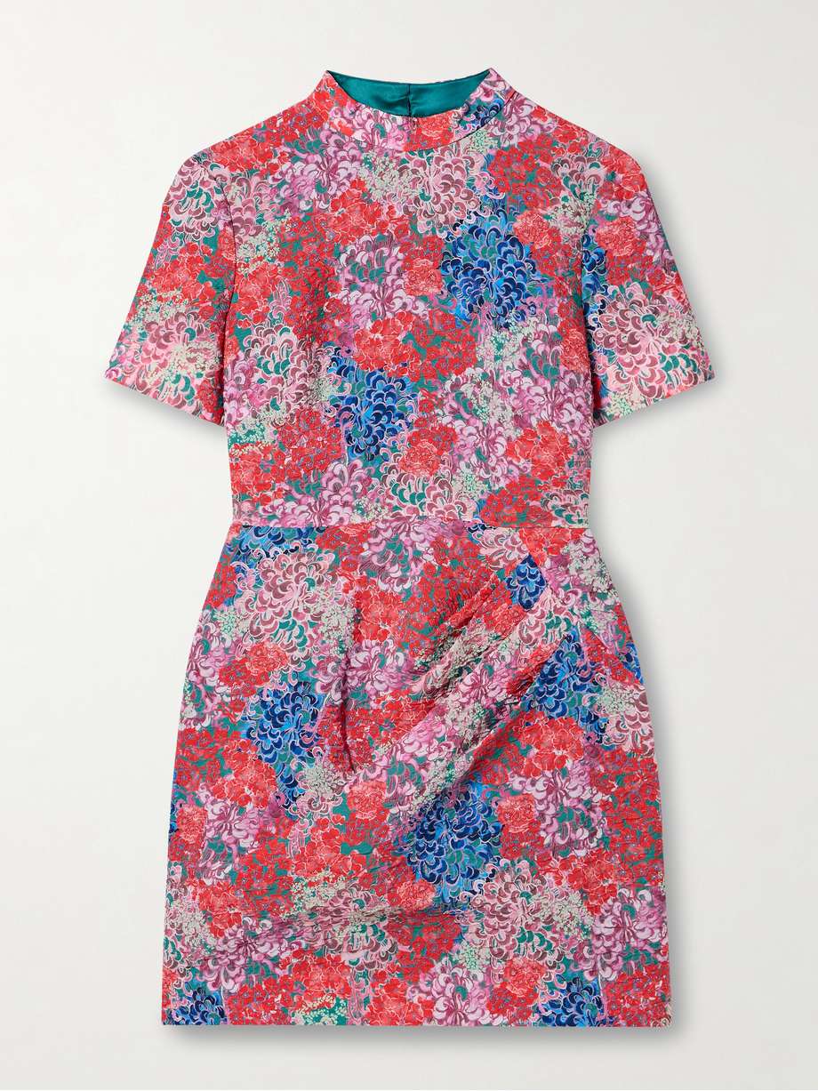 draped floral-print cloqué mini dress