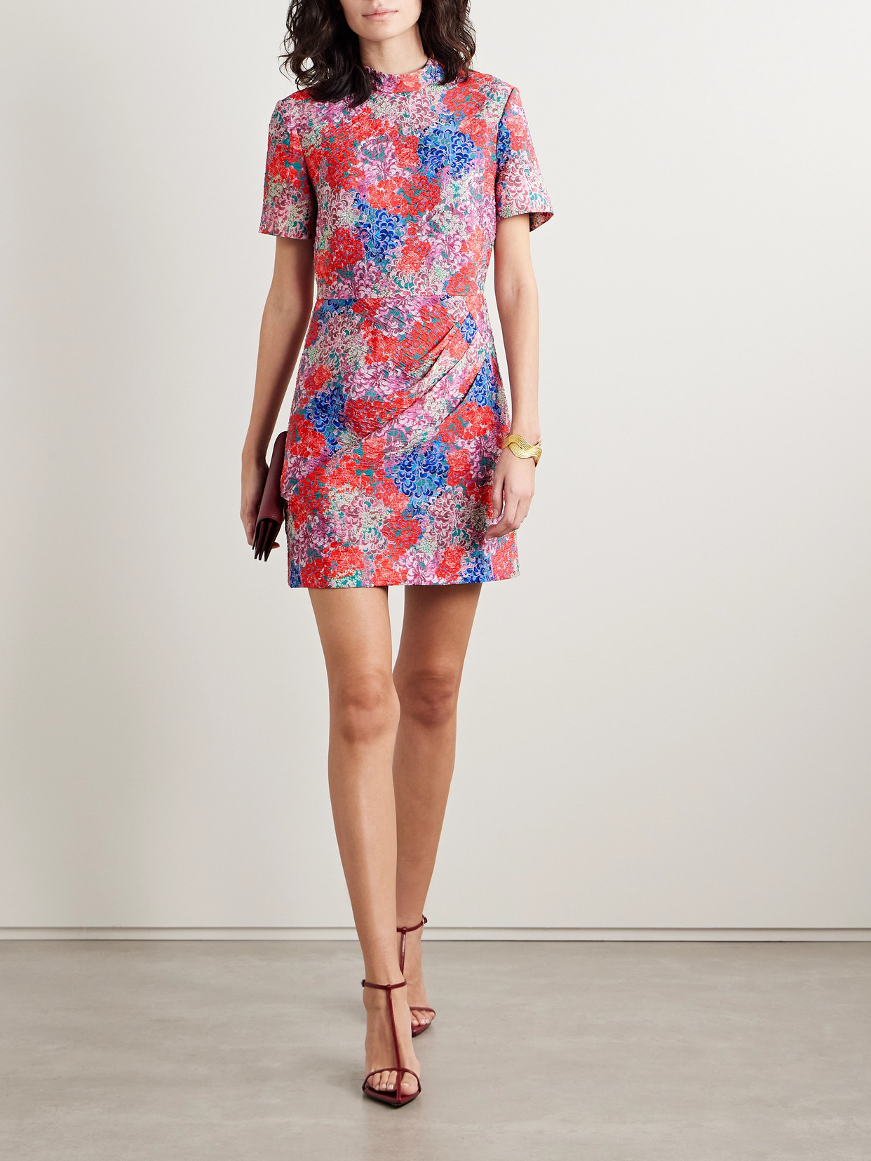 SALONI DRAPED FLORAL-PRINT CLOQUÉ MINI DRESS