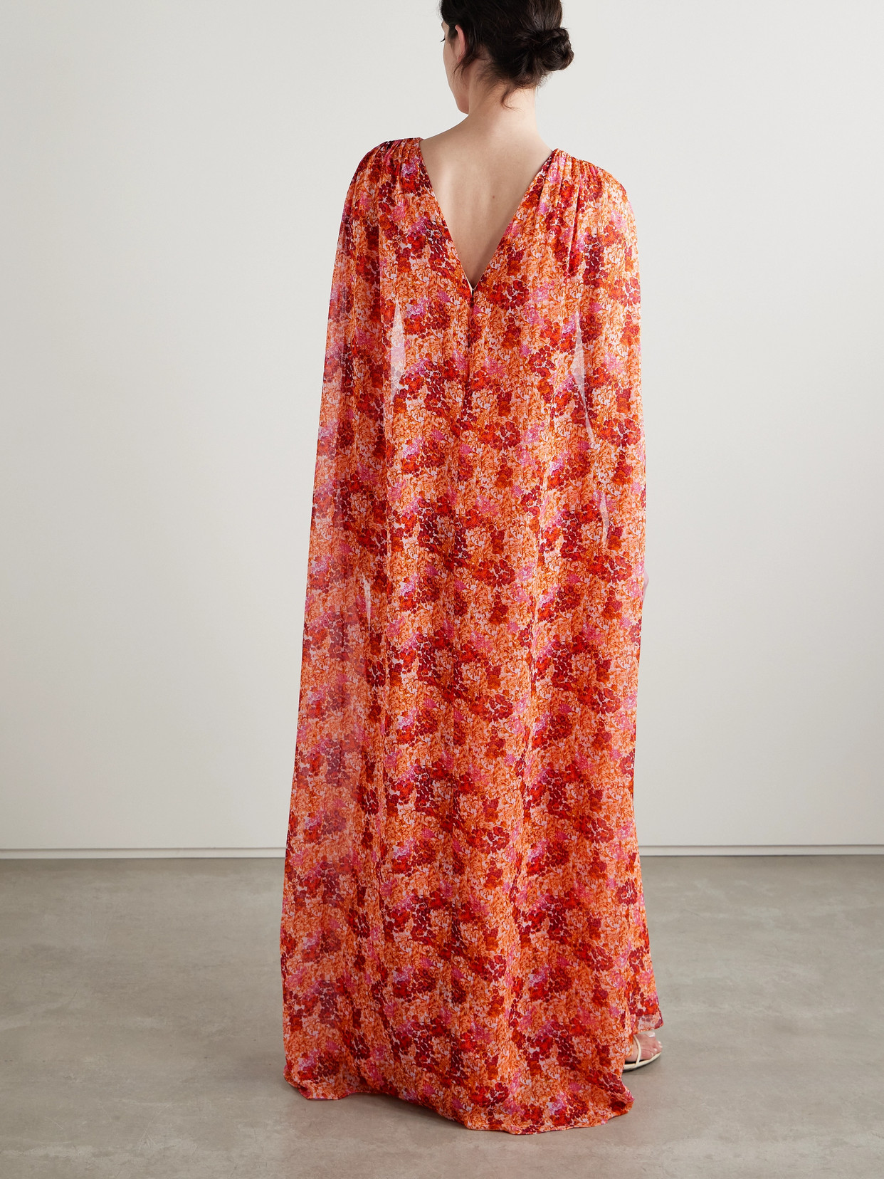 Saloni Claudia Cape-effect Floral-print Silk-georgette Gown In Orange