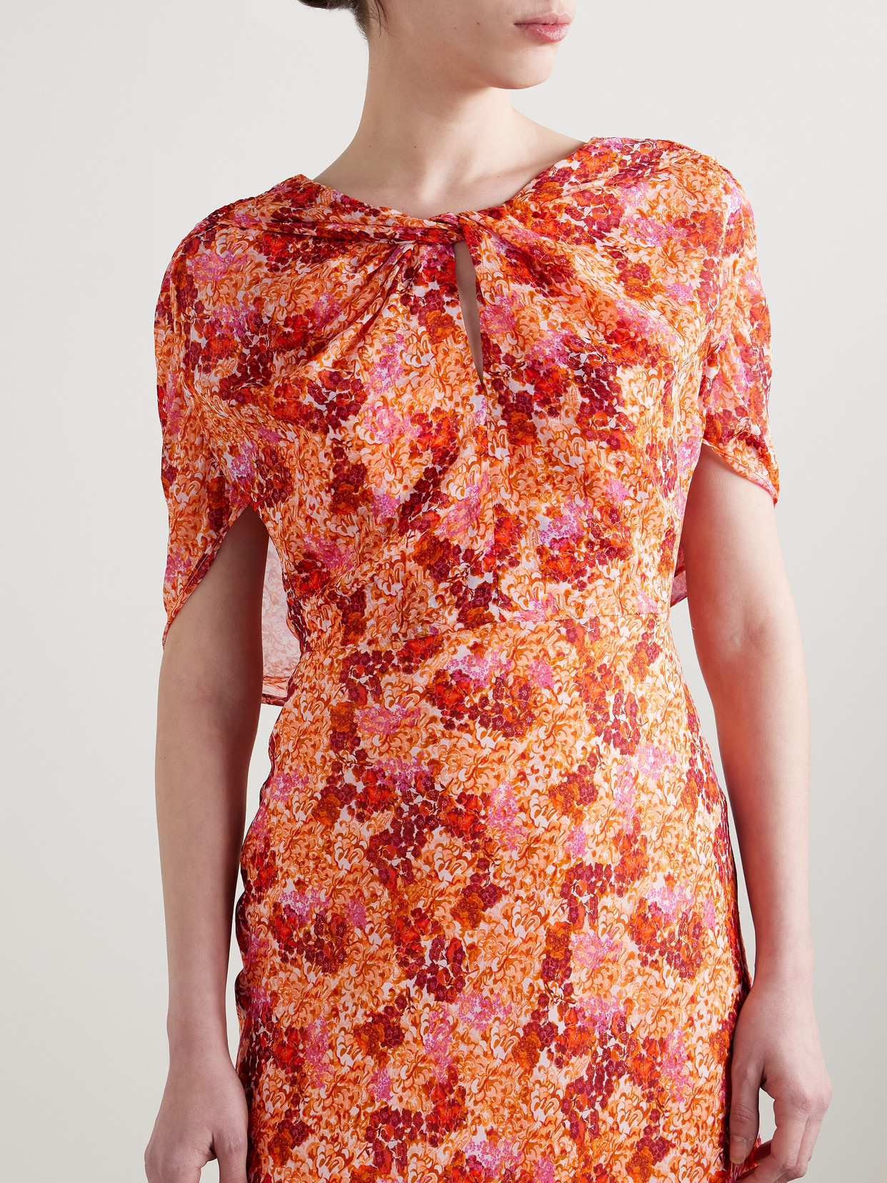 Saloni Claudia Cape-effect Floral-print Silk-georgette Gown In Orange