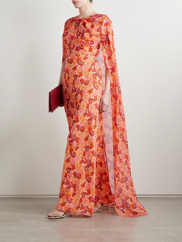 Saloni Claudia cape-effect floral-print silk-georgette gown
