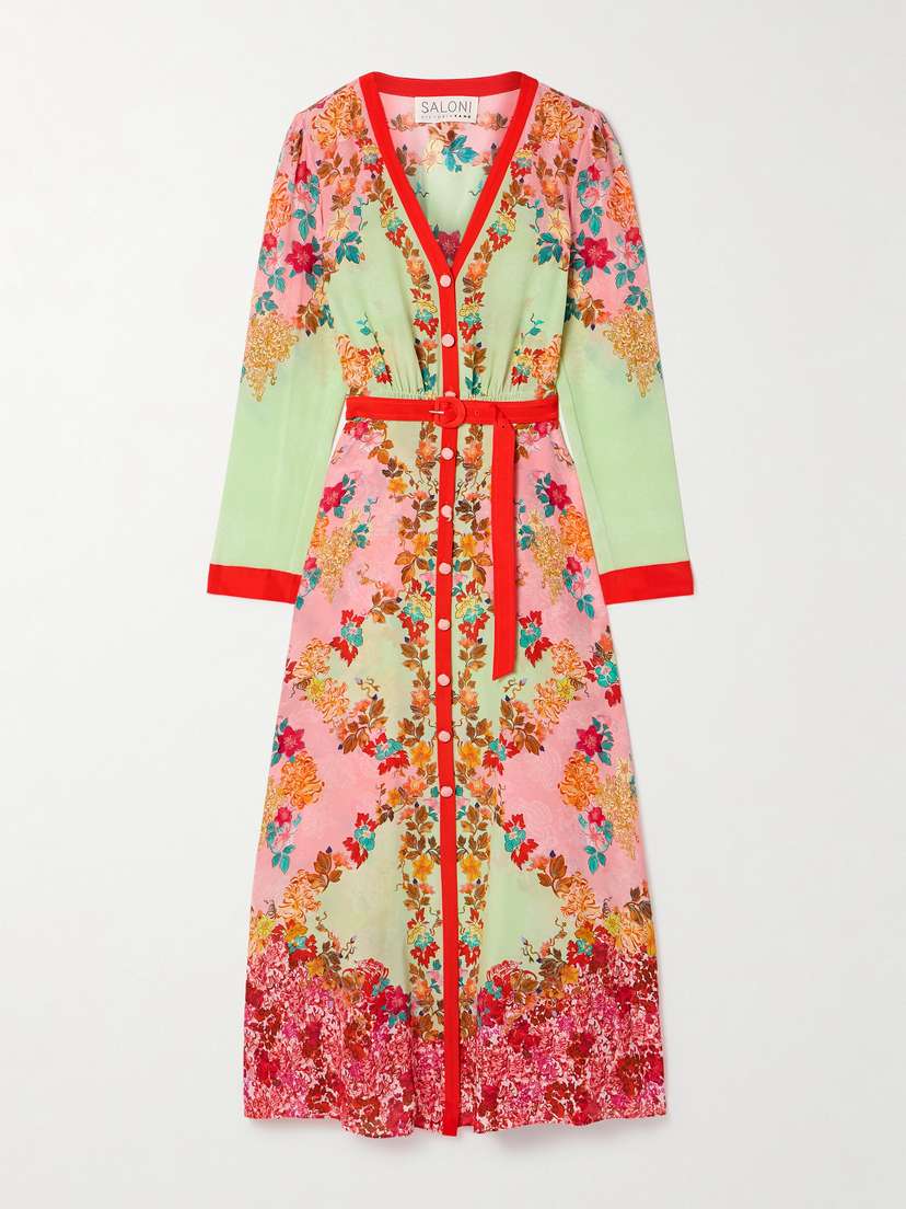 Saloni Lea Belted Floral-print Silk Crepe De Chine Maxi Dress